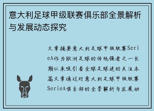 意大利足球甲级联赛俱乐部全景解析与发展动态探究