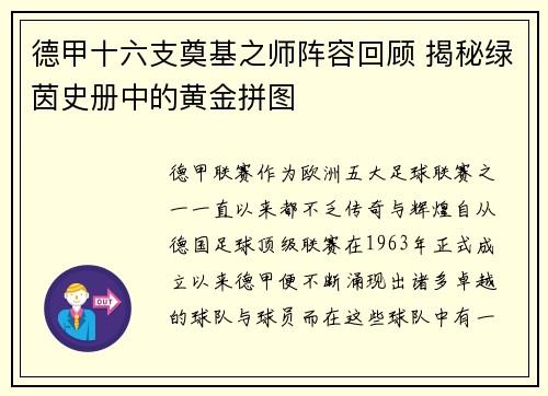 德甲十六支奠基之师阵容回顾 揭秘绿茵史册中的黄金拼图