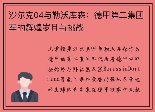 沙尔克04与勒沃库森：德甲第二集团军的辉煌岁月与挑战